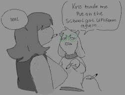 1boy 1girls anthro big_breasts bovid breasts caprine clothed clothing deltarune dialogue drugs english_text female goat gossip horn huge_breasts kinkykong male mammal marijuana nipple_outline nubert ralsei ralsei_smoking_blunt smoking speech_bubble susie_(deltarune) text undertale_(series)