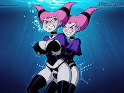 2girls ai_generated dc_comics dominant_female exostriker female female/female jinx_(dc) jscammie latex lesbian_domination rough_sex sex teen_titans underwater underwater_sex warner_brothers yuri