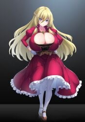 1girls big_breasts blonde_hair blue_eyes braid breasts breasts_bigger_than_head busty center_opening cleavage_cutout dress eyebrows_visible_through_hair female female_only full_body hair_between_eyes huge_breasts kemurin light-skinned_female light_skin long_hair long_skirt looking_at_viewer serious_look shoulder_pads skeb_commission solo thighhighs