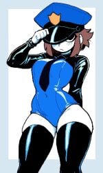 1girls black_eyes blue_clothing brown_hair cop female hat_over_one_eye monmaamn original_character police_uniform solo solo_female solo_focus tagme thick_thighs thighhighs tie wide_hips