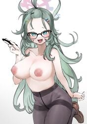 blue_archive blue_eyes glasses green_hair large_breasts meru_(blue_archive) nipples pantyhose shoes ushimochi