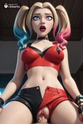 1boy 1boy1girl 1girls ai_generated artist_name black_gloves blonde_hair blue_eyes blue_hair breasts choker clothed_female_nude_male covered_nipples cowgirl_position crop_top cum cum_in_pussy dc dc_comics eyeshadow female fingerless_gloves gloves gradient_hair harley_quinn harley_quinn_(series) hi_res lipstick looking_at_viewer makeup male mascara medium_breasts midriff multicolored_hair nail_polish navel open_fly open_mouth open_shorts penis pink_hair pov pov_crotch pussy r34arts red_lips red_nails sex short_shorts shorts solo_focus straddling straight tank_top twintails uncensored vaginal_penetration vaginal_sex