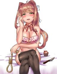 1girls bare_shoulders bed black_thighhighs blood blush bottomless bow bra bra_strap breasts brown_hair cat_cupcake cleavage cleavage_cutout crossed_legs cupcake doki_doki_literature_club english english_text eyebrows_visible_through_hair female female_focus female_only green_eyes hair_bow hair_ornament hand_on_own_face happy high_resolution holding_object knife large_breasts lingerie long_hair looking_at_viewer monika_(doki_doki_literature_club) noose rope sitting sitting_on_bed smile solo solo_focus source_request thick_thighs thighhighs thighs tights white_hair_ornament ytrall