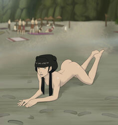 anaxus avatar_the_last_airbender barefoot beach black_hair breast female fire_nation flat_chest footprints long_hair mai_(avatar) naked nickelodeon nipples on_knees open_mouth outdoors sand solo