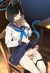 afterimage ai_generated balls black_eyes black_hair black_panties black_ribbon blue_archive blue_neckerchief blush book breasts cat_ears cat_tail chair covering_own_mouth dark_room desk erection feet_out_of_frame furrowed_brow futanari gerumusi halo holding_book intersex kikyou_(blue_archive) lace-trimmed_panties looking_at_viewer medium_hair nail_polish on_chair open_book pale_skin penis pleated_skirt precum red_eyeshadow serafuku shadow sidelighting sitting skirt_lift small_breasts socks testicles twintails twitching_penis uncensored underwear_around_one_leg wooden_floor