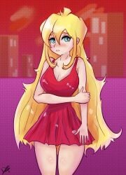 (eldexman) 2025 2025s 2d angel angel_wings anime big_ass big_breasts blue_eyes breasts dress female femele panty_&_stocking_with_garterbelt panty_anarchy red_dress sfw shy solo solo_female thighs white_skin yellow_hair