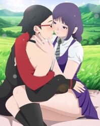 2girls accurate_art_style before_sex black_hair blanket blush boruto:_naruto_next_generations boruto:_two_blue_vortex braided_twintails breasts cleavage closed_eyes cuddling dress female female/female female_only imminent_kiss implied_sex indoors kakei_sumire kneeling long_hair lying_on_side multiple_girls naruto naruto_(series) no_bra no_panties off_shoulder optimystic ourdoors picnic post-timeskip purple_hair sarada_uchiha shirt short_hair shorts skirt socks topless very_long_hair yuri