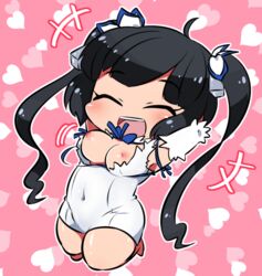 ahoge black_hair chibi closed_eyes dungeon_ni_deai_wo_motomeru_no_wa_machigatteiru_darou_ka eyebrows_visible_through_hair gloves happy heart hestia_(danmachi) kotaro_kurokawa smile twintails wardrobe_malfunction