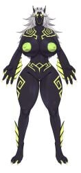 2025 absurd_res anthro areola big_breasts biped black_body breasts claws eel female fin fish genitals hair hi_res kissxmaker looking_at_viewer marine markings nipples non-mammal_breasts non-mammal_nipples nude pussy simple_background solo standing thick_thighs toe_claws vulva wide_hips