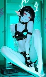 ai_generated antlers black_hair cute cyberpunk_2077 elf elf_ears female provocative_pose pussy red_eyes seductive seductive_expression short_hair suggestive sultry teasing usebackdooronly