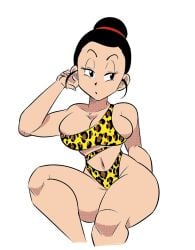 big_breasts black_hair blank_background breasts chichi colored_sketch dragon_ball dragon_ball_z female funsexydragonball gilf hair_bun huge_breasts leapord_print milf no_eyewear swimsuit thick_thighs wide_hips
