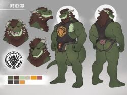 4:3 anthro beard black_clothing black_jockstrap black_topwear black_underwear bodily_fluids brown_beard brown_facial_hair brown_hair cheek_spikes closed_smile clothed clothing color_swatch dragon facial_hair facial_spikes genitals green_body green_tail hair hi_res horn jockstrap johnthelewd_art licking licking_lips licking_own_lips looking_at_viewer male male_anthro model_sheet mouth_closed muscular muscular_anthro muscular_male mythological_creature mythological_scalie mythology narrowed_eyes open_mouth orange_eyes penis red_penis saliva saliva_string scalie short_hair simple_background smile solo spikes spikes_(anatomy) standing tail tongue tongue_out topwear underwear white_horn