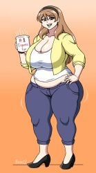 1girls arm_up ass bangs big_ass big_breasts breasts brian12 brown_eyes brown_hair child_bearing_hips chubby clothed curvaceous curvy curvy_figure deep_cleavage dumptruck_ass eyelashes godzilla_(series) headband high_heels huge_ass huge_breasts jeans large_breasts light_skin long_hair looking_at_viewer mature_female milf motion_lines muffin_top mug oc open_mouth orange_background original_character sidelocks skin_tight solo stephy_tigre thick_thighs top_heavy tummy venus_body voluptuous watermark white_shirt wide_hips zagorudan