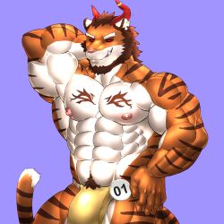 1:1 anthro bara beard bottomwear brown_beard brown_facial_hair brown_hair brown_sclera bulge clothed clothing detailed_bulge ear_piercing ear_ring facial_hair felid front_view fur genital_outline hair hand_behind_head hand_on_hip hi_res horn horn_jewelry horn_ring jewelry johnthelewd_art looking_at_viewer male male_anthro mammal markings muscular muscular_anthro muscular_male orange_body orange_fur pantherine penis penis_outline piercing portrait pose purple_background red_eyes red_horn ring_(jewelry) ring_piercing short_hair simple_background smile solo standing striped_arms striped_legs striped_markings striped_tail stripes tail tail_markings three-quarter_portrait tiger topless white_body white_fur yaoi yellow_bottomwear yellow_clothing