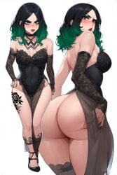 ai_generated big_ass big_breasts black_lace curvy green_eyes green_hair hourglass_figure lace lingerie original_character thick