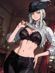 1female 1girls ai_assisted ai_generated background black_bra bloodborne bra breast_focus breasts clothed clothing female female_focus female_only fromsoftware green_eyes lady_maria_of_the_astral_clocktower lingerie_bra pants pose posing posing_for_the_viewer revealing_clothes shirt shirt_up smile smiling smiling_at_viewer teeth tricorne undressing undressing_self video_game_character video_game_franchise video_games white_hair