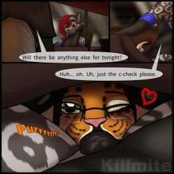 1:1 anthro bangs between_legs biped black_body black_border black_fur blush border bottomless brown_hair clothed clothing comic deep_throat dialogue digital_drawing_(artwork) digital_media_(artwork) dress duo english_text erection exposing eyewear felid fellatio female fur furniture genitals glasses hair humanoid_genitalia humanoid_penis inside jaguar jaguar_spots josie_maxwell_(killmite) killmite leopard_spots male mammal multicolored_body multicolored_fur multicolored_hair night open_clothing open_dress oral oral_penetration pantherine partially_clothed penetration penile penis ponytail public red_hair restaurant sex short_hair snow_leopard spots stealth_sex swallowing text two_tone_body two_tone_fur under_the_table waiter watermark