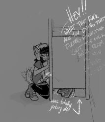 alternative_fashion ambiguous_gender ambiguous_species anthro bathroom canid canine canis clothed clothing domestic_dog duo full-length_portrait genitals greyscale honeypaw05 knot knotted_penis male male/ambiguous mammal masturbation monochrome partially_clothed penis portrait public_restroom simple_background solo_focus spying tail tail_motion tailwag text