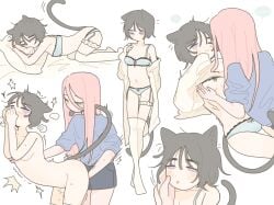 2girls alien_stage animal_ears black_hair blue_bra blue_panties blue_shirt cat_ears cat_girl cat_tail coldmeow female fingering fingering_from_behind fingering_partner long_hair mizi_(alien_stage) pillow pink_hair purple_eyes short_hair sua_(alien_stage) tail thigh_strap thighhighs white_thighhighs yuri
