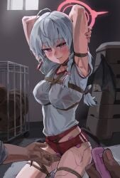 1boy a_tea arms_up black_tail black_wings blue_archive bondage bound braid breast_bondage breasts buruma candy chinese_commentary closed_mouth commentary_request demon_girl demon_tail demon_wings female food grey_hair gym_shirt gym_storeroom gym_uniform halo haruna_(blue_archive) haruna_(track)_(blue_archive) highres large_breasts long_hair looking_at_viewer official_alternate_costume pink_eyes pink_halo pov pov_hands red_buruma sex_toy shirt shoes short_sleeves side_braid socks solo_focus straight tail variant_set vibrator vibrator_under_clothes white_shirt white_shoes white_socks wings