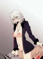 1boy 1girls ahoge animated bottomless breasts cowgirl_position fate/grand_order fate_(series) female gradient_background jacket jeanne_alter kid_(artist) medium_breasts naked_jacket necklace nipples open_clothes open_jacket open_shirt sex straddling vaginal_penetration white_hair yellow_eyes