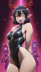 ai_generated antlers beach black_hair elf_ears eye_contact female gloves pixie_cut red red_eyes red_gloves seductive_expression short_hair smirk smug_expression teasing usebackdooronly
