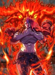 1girls abs athletic_female bandaged_chest beast commission commission_art cracking_knuckles dejovanna energy fantasy_world female fire_background flame flames glowing_eyes half_naked jacket jacket_on_shoulders long_pants looking_at_viewer mature_female multicolored_hair muscle_mommy muscles muscular muscular_female original original_character sfw tagme tomboy tomboy_milf topless