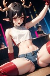 ai_generated antlers beach black_hair elf_ears eye_contact gloves pixie_cut red red_eyes red_gloves seductive_expression short_hair smirk smug_expression stripper teasing usebackdooronly