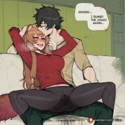 1boy ai_generated animal_ears black_hair blush breasts brown_hair closed_eyes couch english_text female heart kissing large_breasts long_hair naofumi_iwatani open_mouth pants pantyhose patreon_logo patreon_username pussy_juice pussy_juice_drip_through_clothes pussy_juice_stain raccoon_ears raccoon_girl raccoon_tail raphtalia red_shirt shirt short_hair sitting sitting_on_lap speech_bubble spread_legs straight sweater tail the_rising_of_the_shield_hero tillian