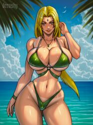 1girls armwear beach big_breasts bikini bikini_bottom bikini_tan bikini_top blonde_hair blush bottomwear breasts brown_eyes cleavage derushy female female_only forehead_jewel green_bikini hair hips huge_breasts lips mature mature_female mature_woman milf naruto naruto_(series) necklace neckwear solo solo_female swimwear tan_body tan_skin tanline tanlines thick_thighs topwear tsunade wide_hips