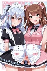 2025 2boys 2femboys ai_generated aifantasydream alternate_version_available brown_hair crossdressing crossover dress erect_penis erection femboy feminine_male frills girly green_eyes idolmaster idolmaster_side-m inuyama_tamaki maid maid_apron maid_headdress maid_outfit maid_uniform male mizushima_saki noripro penis trap virtual_youtuber