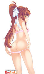 1girls ass blush blushing bow bra brown_hair dat_ass doki_doki_literature_club eroneko female green_eyes hair_ribbon hairbow long_hair looking_at_viewer looking_back looking_back_at_viewer monika_(doki_doki_literature_club) panties pink_bra pink_panties ponytail ribbon solo solo_female tagme taking_clothes_off taking_off_panties thick_thighs thighs undressing white_bow white_ribbon