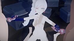 2boys1girl blue_eyes female ishtarlewdz male offscreen_male rwby weiss_schnee white_hair