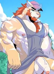 anthro balls beard bottomless candy chest_tuft clothed clothing facial_hair felid flaccid food furry furry_only hat humanoid_penis lollipop looking_at_viewer male male_only mammal muscular muscular_male nipples outside pantherine pecs penis pubes shirt solo soraa tank_top tiger uncut vein