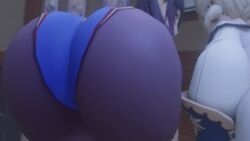 2girls 3d animated ass ass_focus ass_shake barbara_(genshin_impact) bare_shoulders blonde_hair detached_sleeves female from_behind genshin_impact gloves hair_ornament hair_ribbon hat huge_ass jiggle kishi leaning leaning_forward leotard long_hair mona_(genshin_impact) multiple_girls pantyhose purple_hair tagme thighlet twintails very_long_hair video