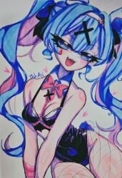 1girls armwear blue_eyes blue_eyes_female blue_hair bodysuit bowtie bunny_ears bunny_girl bunnysuit eyeliner female female_focus female_human female_only fishnets hatsune_miku heart heart hearts_around_body open_mouth open_mouth_smile playboy_bunny rabbit_hole_(vocaloid) simple_background smile suggestive_look white_background white_skin ylch_art
