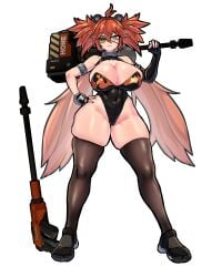 1girls ahoge alternate_breast_size breasts cleavage eyebrows_visible_through_hair eyepatch female female_only fingerless_gloves full_body gloves hand_on_hip holding_weapon koleda_belobog leotard light-skinned_female light_skin looking_at_viewer mold001 red_eyes red_hair simple_background solo thick_thighs thighhighs tied_hair twintails white_background zenless_zone_zero