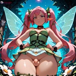 ai_generated balls breasts choker elf elf_ears exibitionism fairy fairy_wings female femboy flaccid flat_chest green_dress half_naked hazel_eyes high_resolution highres ilfb looking_at_viewer magical_girl male more_at_source original original_character otoko_no_ko pink_hair public small_breasts solo testicles thick_thighs trap twintails upskirt wings woods