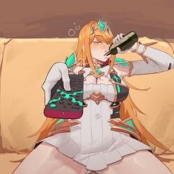 1girls alcohol alcoholic_drink arm_gloves armwear bangs beer big_breasts blonde_hair blush blush breasts busty cleavage cleavage_cutout cleavage_window couch curvaceous curvy curvy_female curvy_figure dedhed_art dress drinking drinking_beer drunk drunk_blush drunk_bubble drunk_female female female_focus female_only freckles freckles_on_breasts freckles_on_face gloves guy_sipping_beer_stock_image large_breasts long_hair meme meme_pose meme_reference monolith_soft mythra nintendo one_eye_closed remote remote_control sitting sitting_on_couch solo solo_female solo_focus tagme thick_thighs thighs tiara tv_remote very_long_hair voluptuous voluptuous_female white_dress white_gloves xenoblade_(series) xenoblade_chronicles_(series) xenoblade_chronicles_2
