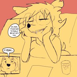 1:1 anthro bodily_fluids braces canid canine canis cum cum_drip cum_dripping_from_mouth cum_in_mouth cum_inside domestic_dog dripping duo english_text eulipotyphlan female genital_fluids hair hedgehog hi_res jack_(sprockeyart_character) male mammal ollie_(lfswail) public spiky_hair sprockeyart text