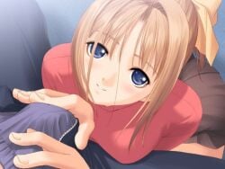 1boy bent_over blonde_hair blue_eyes blush breasts brown_hair female hair_ribbon handjob happy_sex jeans large_breasts long_hair long_sleeves looking_at_viewer male pants penis pleated_skirt ponytail pov ribbon school_uniform shirt skirt smile solo_focus straight uncensored
