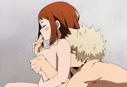 accurate_art_style animated biceps breast_grab breasts brown_hair correct_artstyle finger_sucking fondling groping katsuki_bakugou muscle muscles muscular muscular_male my_hero_academia nude ochako_uraraka straight wholesome yellow_hair