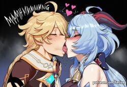 1boy 1boy1girl 1girl1boy 1girls absurd_res absurdres aether_(genshin_impact) ai_generated blonde_hair blonde_male blue_eyes blue_hair bodysuit closed_eye closed_eyes female female_focus ferise french_kiss french_kissing ganyu_(genshin_impact) genshin_impact high_resolution highres horn horns horny horny_female kissing long_hair love male male/female saliva saliva_drip saliva_string saliva_trail sexy sexy_body sexy_pose short_hair sound_effects tongue tongue_kiss tongue_out