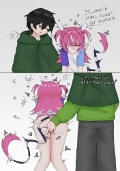 1boy 1girls arguing black_hair camila_(vtuber) female fingering fingering_pussy green_eyes heart imp indie_virtual_youtuber light-skinned_female light-skinned_male light_skin male no_panties pink_hair pointy_ears pussy raceplay szpecter t-shirt t-shirt_only tail vedal987 virtual_youtuber vtuber