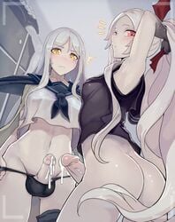 2futas armored_aircraft_carrier_oni ass ball_bulge balls balls_in_panties blush bottomless breasts bulge cum cum_drip cumshot curvy ejaculation elzikyuchi erect_nipples erection foreskin futa_only futa_with_futa futanari futanari_edit hands-free handsfree_ejaculation intersex kantai_collection large_ass looking_at_viewer looking_back looking_down medium_breasts nipple_bulge nipples pale-skinned_female panties panty_bulge penis penis_out pink_eyes retracted_foreskin shinkaisei-kan silver_hair small_breasts ta-class_battleship third-party_edit uncircumcised uncut undressing unretracted_foreskin walzrj yellow_eyes