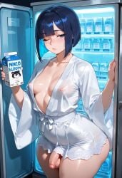 1femboy 2026 ai_generated big_ass blue_eyes blue_hair exposed_cock fat_ass fridge huge_ass louie_blue male_boobs milk_carton night nightgown nipples nipples_visible_through_clothing perky_breasts small_breasts small_penis thick_thighs