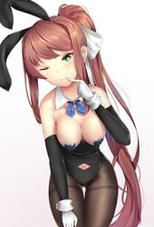 1girls animal_ears bent_forward black_heart_pasties black_pasties bodysuit bow_tie breasts bunny_ears bunny_suit finger_to_mouth gloves green_eyes hair_ribbon hand_on_knee heart-shaped_pupils pasties ponytail smile solo stockings very_long_hair white_background wink