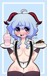 ahoge black_gloves black_legwear blue_hair blush breasts cake cake_slice curly_hair demon_horns elbow_gloves female food gloves horns large_breasts looking_at_viewer multicolored_hair navel open_mouth plate short_hair slingshot_swimsuit small_breasts solo striped striped_background thighhighs two-tone_hair wavy_hair