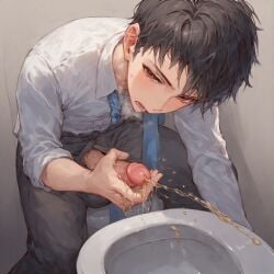 bathroom big_penis black_hair erection male male_focus male_only pee_on_hand peeing penis tie toilet toilet_use urine