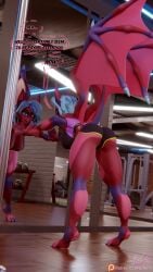 3d abs anthro athletic athletic_wear back_wings bat bat_wings bent_over big_breasts blender_cycles blue_claws blue_eyes blue_hair blue_nipples bottomwear bra breasts claws cleavage cleavage_overflow clothed clothed_anthro clothed_female clothing comic comic_panel dialogue eyebrows eyelashes female fiana_(xelli) fur furry furry_female gym_bottomwear gym_shorts hair hands_on_wall happy hi_res long_ears looking_at_viewer mammal membrane_(anatomy) membranous_wings mirror mirror_reflection multicolored_body multicolored_fur muscular muscular_anthro muscular_female muscular_thighs nails nipples partially_clothed pink_body pink_fur purple_body purple_fur red_body red_fur reflection shorts smile smiling_at_viewer solo speech_bubble sports_bra stretching tail text thick_thighs tight_clothing toe_claws underwear wing_claws wings xelli